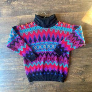Vintage 1980s Sakura Sport Chunky Knit Retro Geometric Turtleneck Sweater